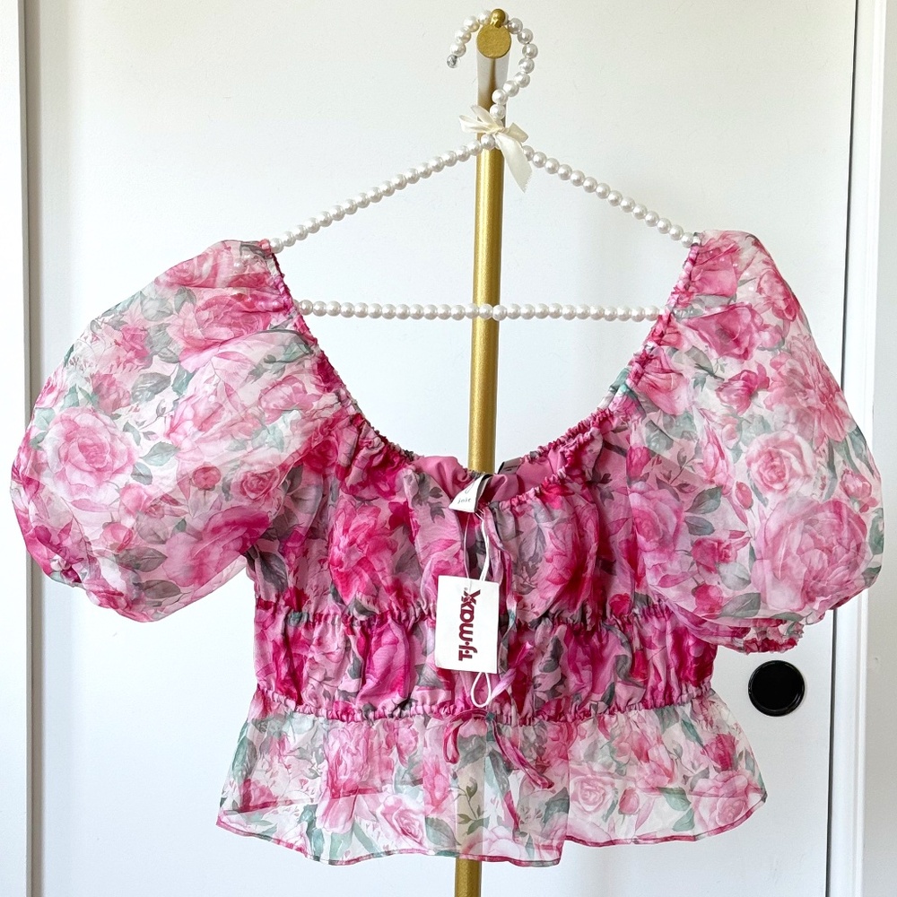 Joie Pink Floral Puff Sleeve Peplum Top